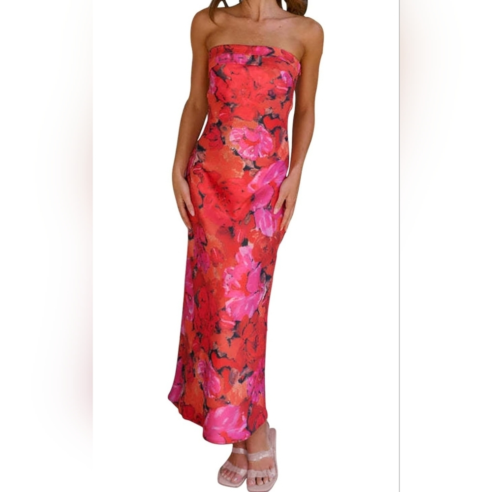 Floral Red and Orange Women's Dress. Sz Medium.